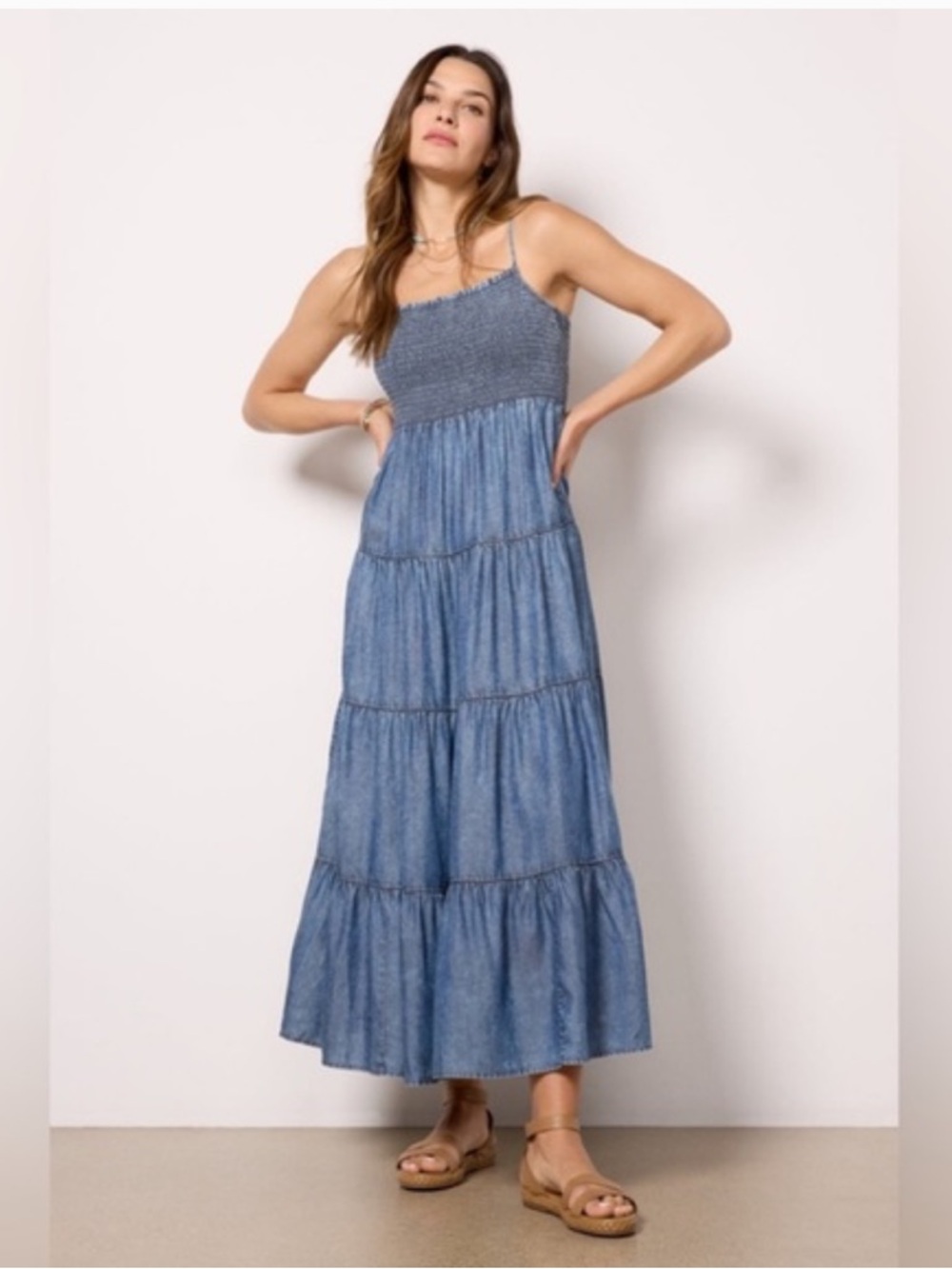 Z Supply Balos Chambray Denim Blue Smocked Tiered Maxi Dress